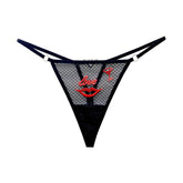 Tanga sexy de malla bordada con labios rojos "Love" y diamantes para mujer